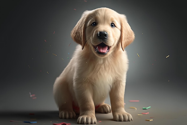 Golden retriever puppy with confetti AI generative