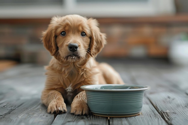 Golden Retriever Puppy with Food Bowl