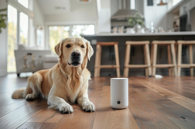 Golden Retriever Relaxing at Home Next to Smart Speaker in Modern Kitchen