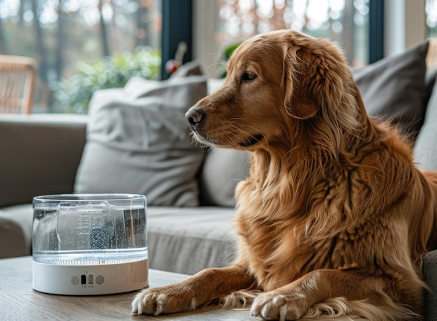 Golden Retriever Relaxing Indoors with Humidifier on Modern Couch