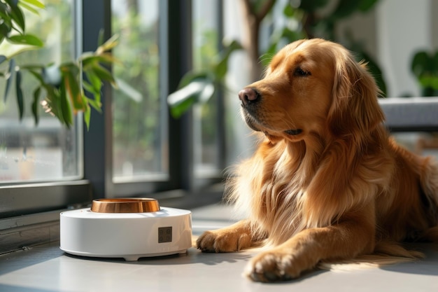 Photo golden retriever resting beside automated pet feeder in modern living space