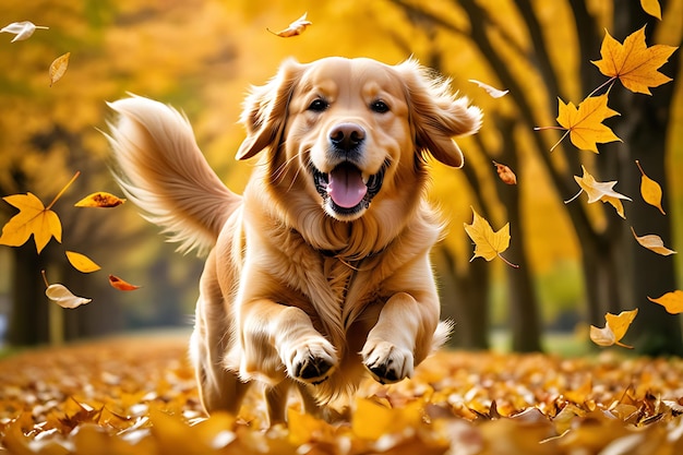 Golden Retriever running in autumn leaves