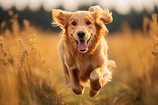 Golden Retriever running in the field on a sunny day A Golden Retriever dog runs energetically in a field with a blurred background AI Generated