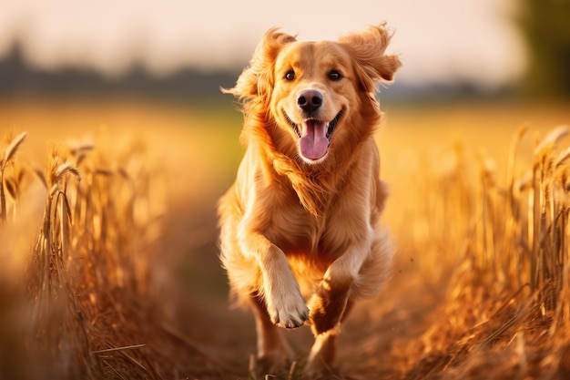 Golden Retriever running in the field of wheat motion blur A Golden Retriever dog runs energetically in a field with a blurred background AI Generated