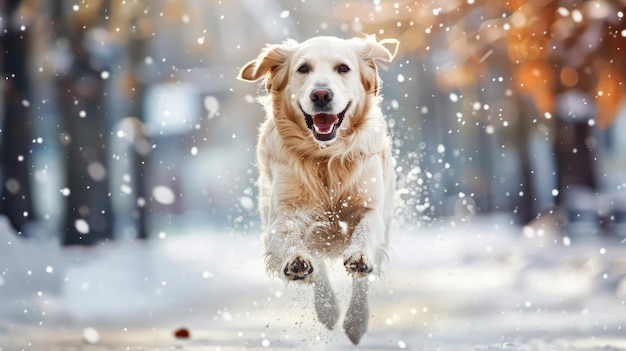 Photo golden retriever running through winter wonderland