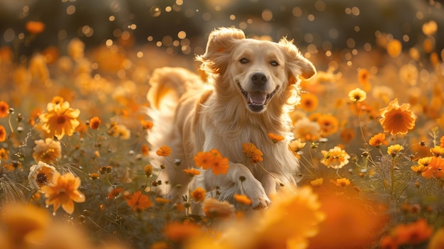 Golden Retriever Runs Through Field of Flowers