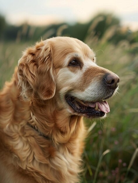 Golden Retriever in Serene Meadow at Sunset