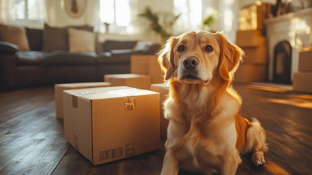 A golden retriever sits among cardboard boxes in a cozy living room ready for a move