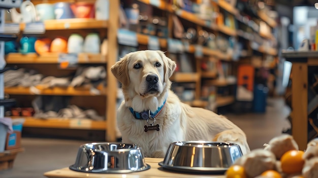 Photo a golden retriever sits patiently in front of two empty food bowls in a pet store