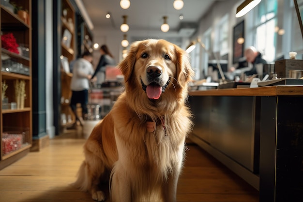 A golden retriever sitting on the floor in a restaurant