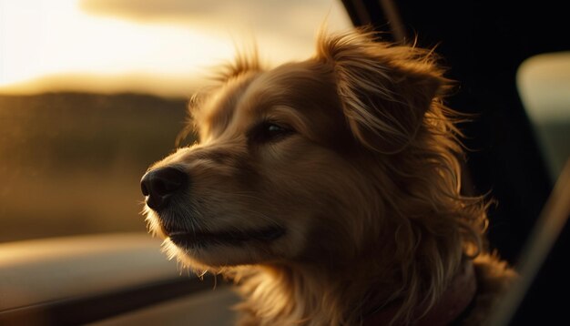 Golden retriever sitting outdoors looking at camera generated by AI