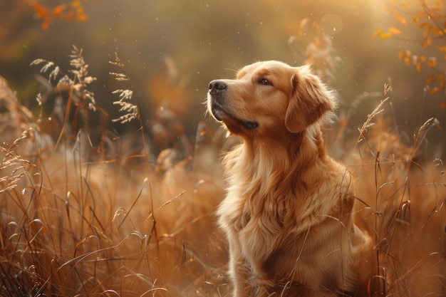 Golden Retriever sitting in tall grass during the golden hour