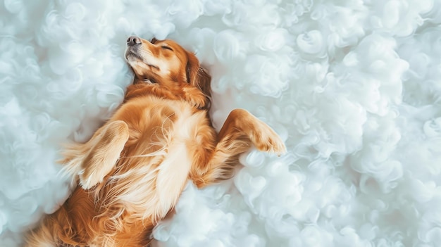 Photo golden retriever sleeping blissfully on fluffy cloudlike bedding exuding peace and comfort