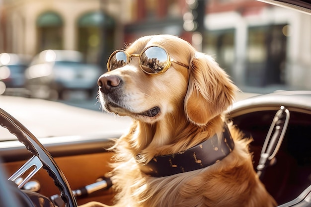 Golden retriever in sunglasses driving a car