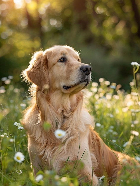 Golden Retriever in Sunlit Meadow Serene Dog Portrait Among Wildflowers