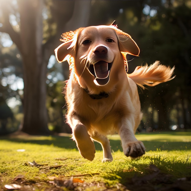 Photo golden retriever in sunlit park a snapshot of energy joy and playfulness in the great outdoors