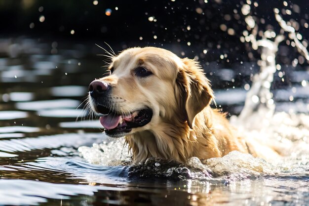 Photo golden retriever swimming in lake water droplets flying everywhere