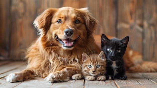 Golden Retriever and Two Kittens Resting on a Wooden Floor