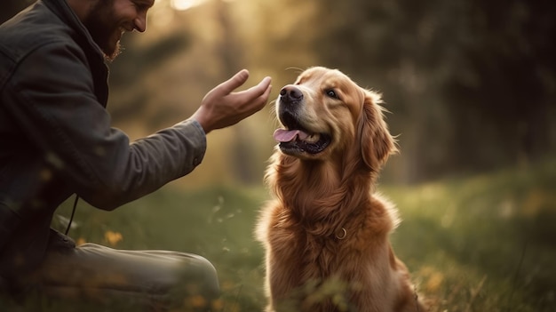 A golden retriever wagging its tail excitedly at its AI generated