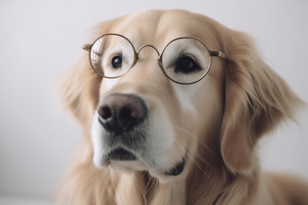 a golden retriever wearing glasses with a pair of glasses on