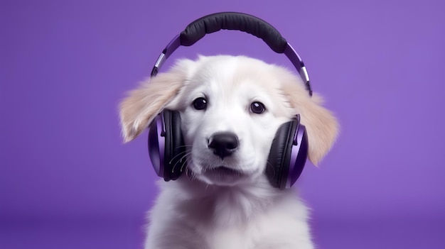 Golden Retriever wearing headphones on purple background