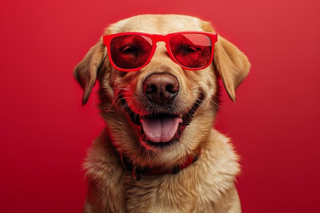 A Golden Retriever Wearing Sunglasses Against a Red Background