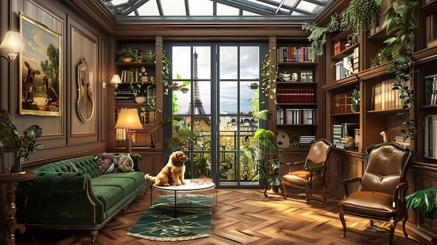 a golden retriever with background cozy reading nook beside a balcony in a paris apartment genrative ai