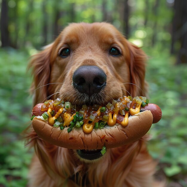 Photo golden retriever with a hot dog a playful moment