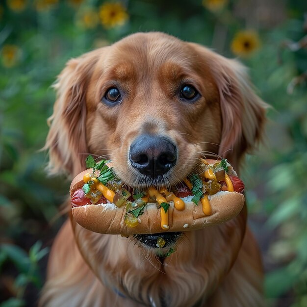 Photo golden retriever with a hot dog a playful moment