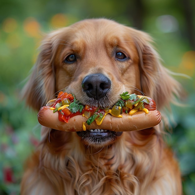 Photo golden retriever with a hot dog a playful moment