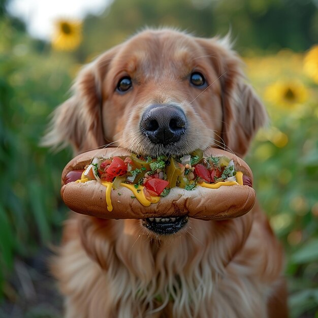 Photo golden retriever with a hot dog a playful moment