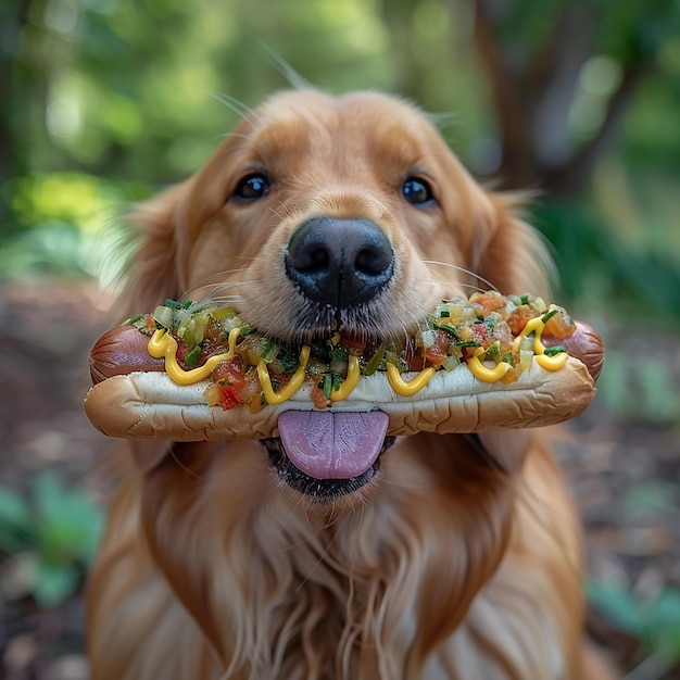 Photo golden retriever with a hot dog a playful moment