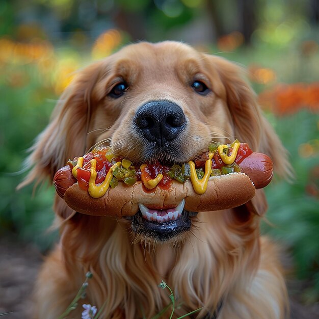 Photo golden retriever with a hot dog a playful moment