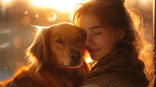 Golden Retriever and Woman in the Sunset