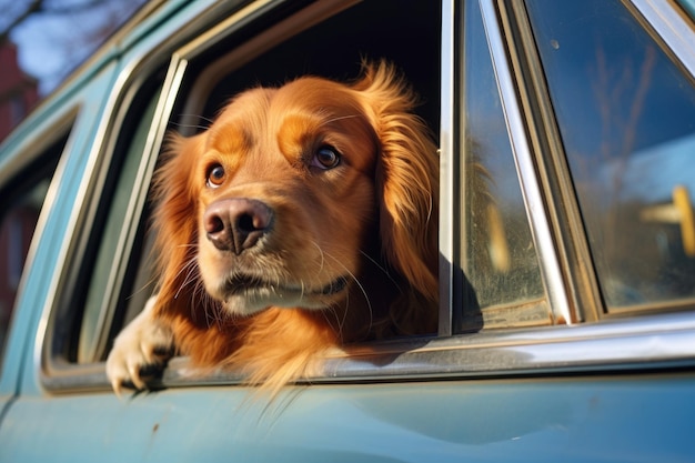 A golden retrievers head sticking out of a vintage car window