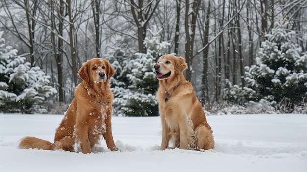 Photo golden retrievers playing in winter wonderland snowy landscape with happy dogs