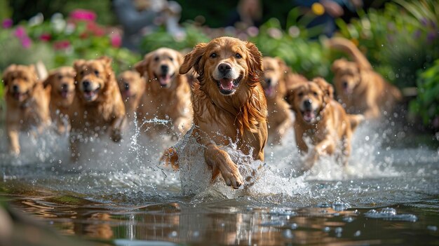 Golden Retrievers Running Through Water