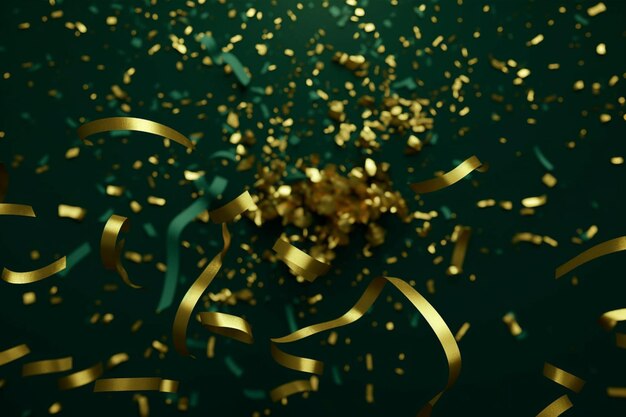 Golden ribbons festive glitter on dark green background 3d rendering Digital illustration of gold