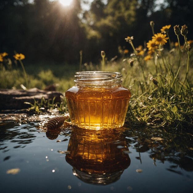 Photo the golden richness of honey in a jar ideal for drizzling over your favorite breakfast items