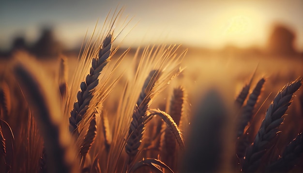 Golden ripe ears of wheat on nature in summer field at sunset rays of sunshine closeup macro