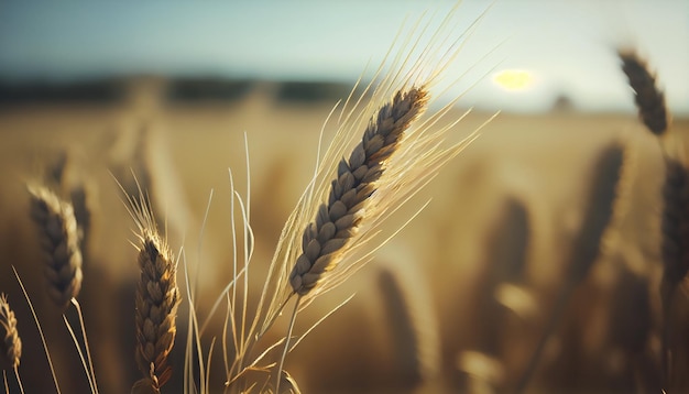 Golden ripe ears of wheat on nature in summer field at sunset rays of sunshine closeup macro