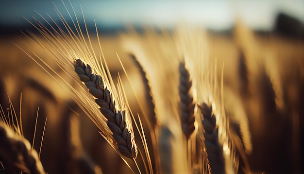 Golden ripe ears of wheat on nature in summer field at sunset rays of sunshine closeup macro