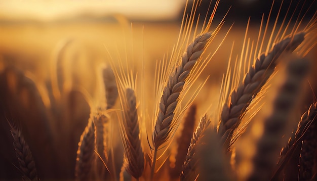 Golden ripe ears of wheat on nature in summer field at sunset rays of sunshine closeup macro