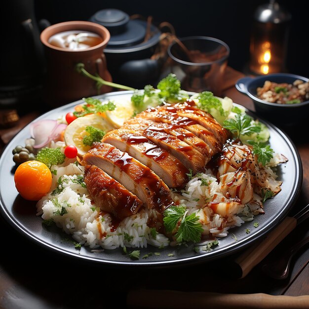 Photo golden roast chicken and steak with rice