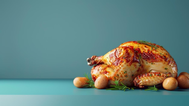 Photo golden roasted chicken adorned with fresh herbs presented on a vibrant blue background