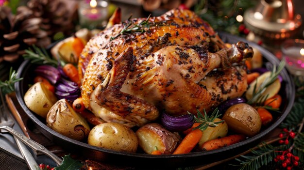 Golden Roasted Chicken with Vegetables on Festive Holiday Table for Christmas Celebration