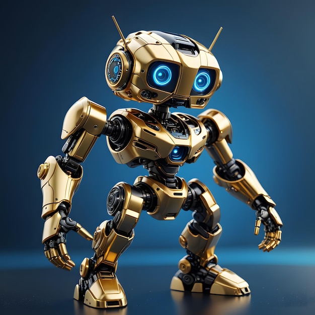 Golden Robot Posing on a Blue Background