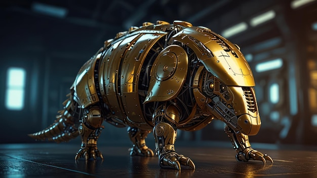 A golden robotic armadillo stands on a dark surface in a futuristic setting