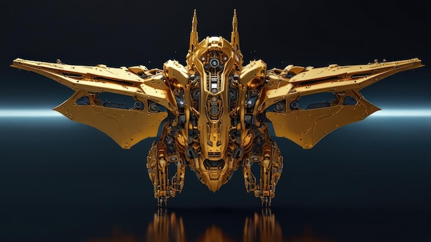 A golden robotic creature with wings spread wide standing on a dark reflective surface