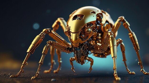 Photo a golden robotic spider with intricate gears and a sleek metallic body stands on a dark background